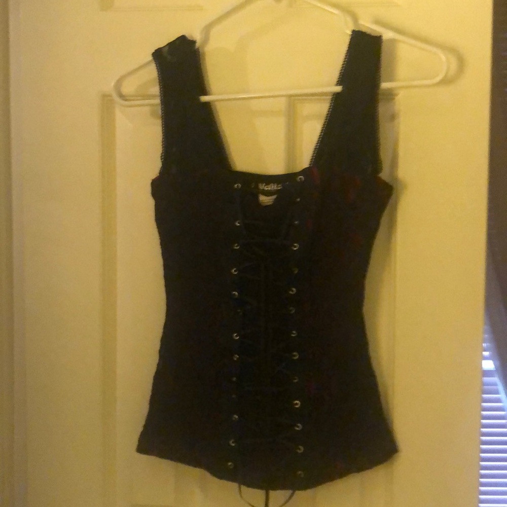 Red and black lace tie up corset top